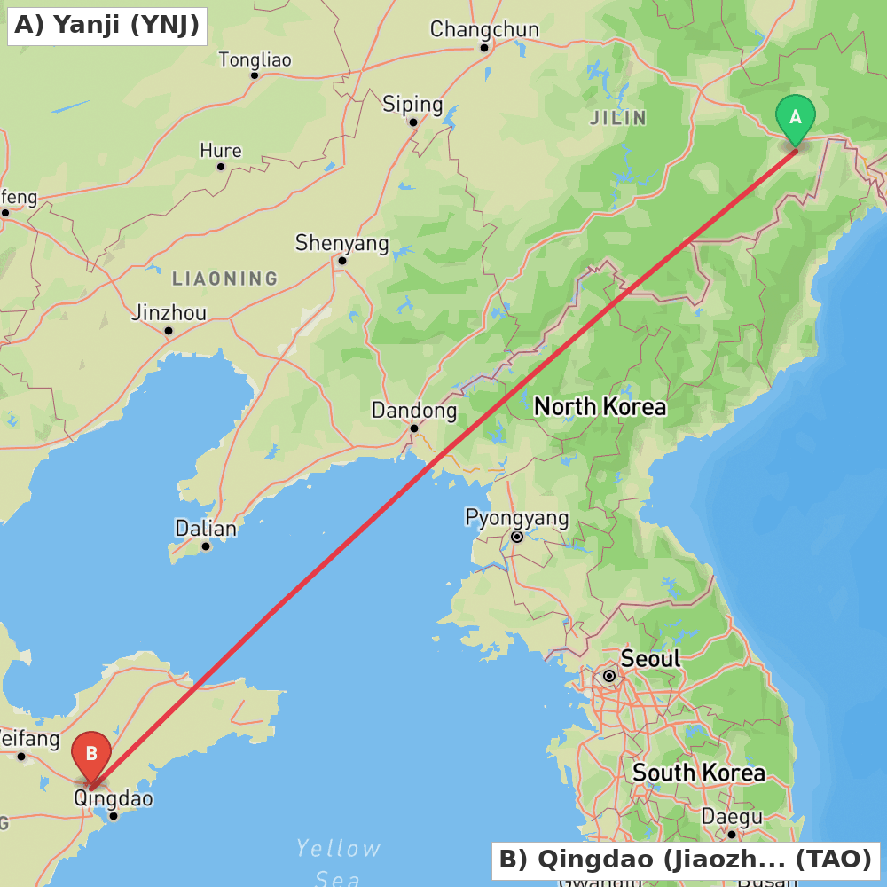 Flight route map from Yanji to Qingdao (Jiaozhou)