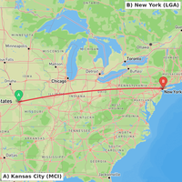 Route map for KMCI-KLGA